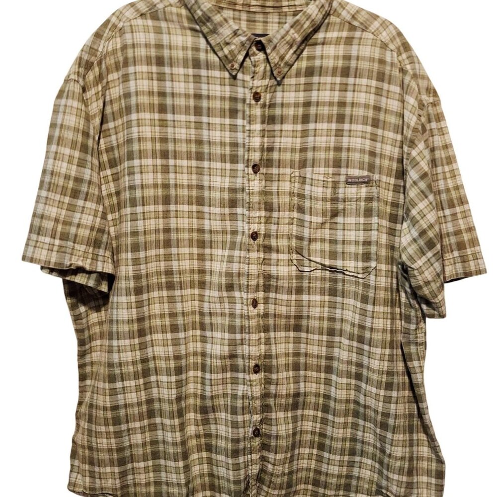 Woolrich Mens Plaid Button-Down Short Sleeve Shirt 2XL Fieldstone Green 100% Cot